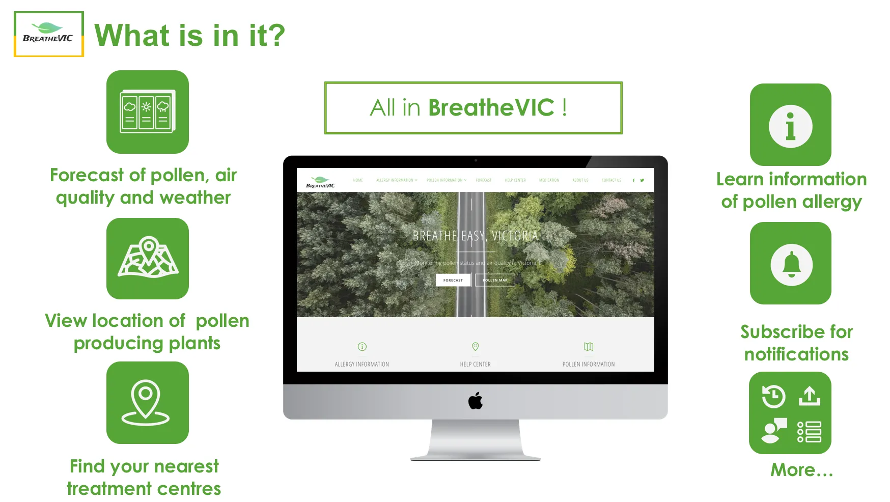BreatheVIC — main dashboard view with daily forecast and pollen data