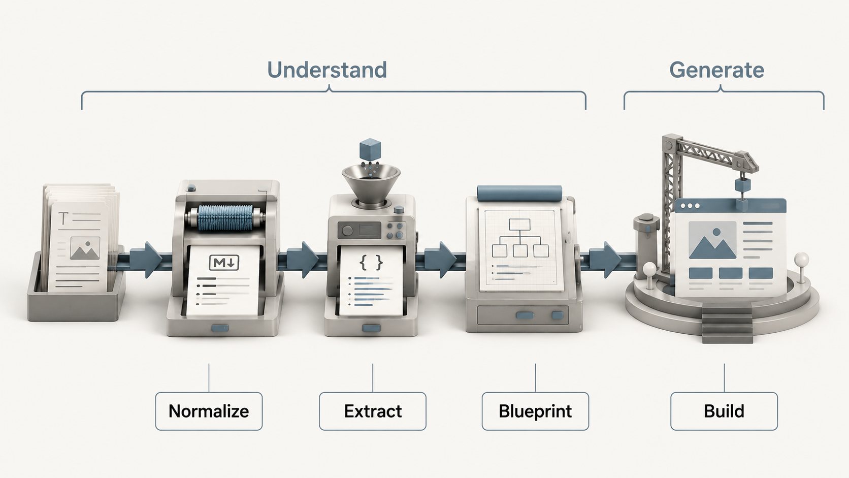 The 4-stage pipeline: a raw document is normalized, extracted, and blueprinted (the "understand" stages that emit JSON), then built into a finished web page (the "generate" stage).