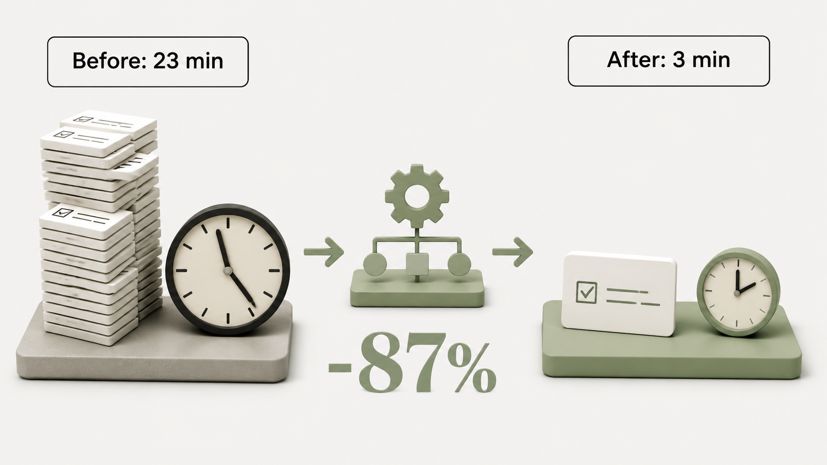Before and after: a 23-step manual process taking 23 minutes per account, collapsed by a Flow-and-Apex automation to 3 minutes — an 87% reduction.