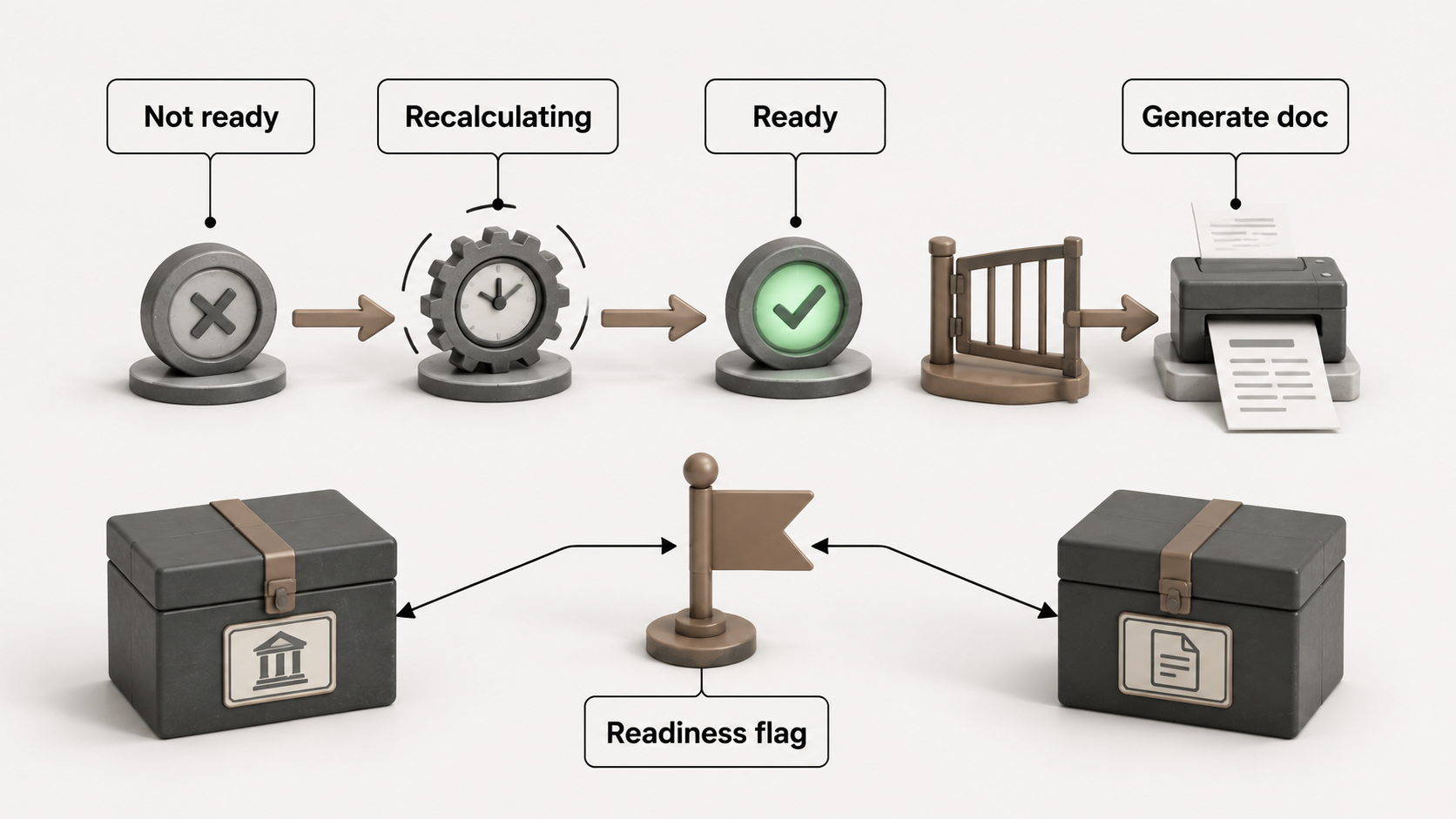 The readiness gate: an Opportunity moves through not-ready → recalculating → ready, and document generation refuses to run until the state is ready. Two black-box packages, AvaTax and Conga, coordinate only through the single readiness flag on the record.